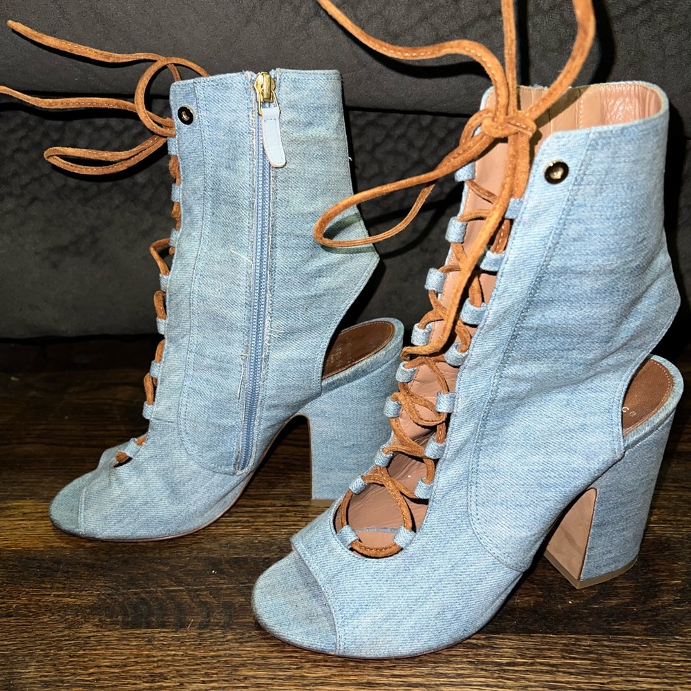 Laurence Dacade denim lace up open toe block heels
